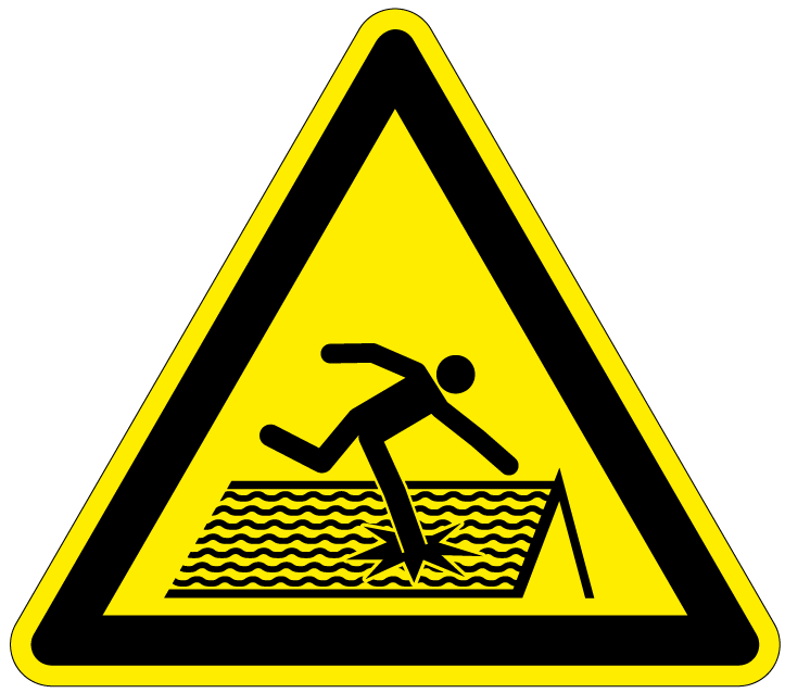 Pictogram onveilig dak, geel zwart, driehoek, iso 7010, w036
